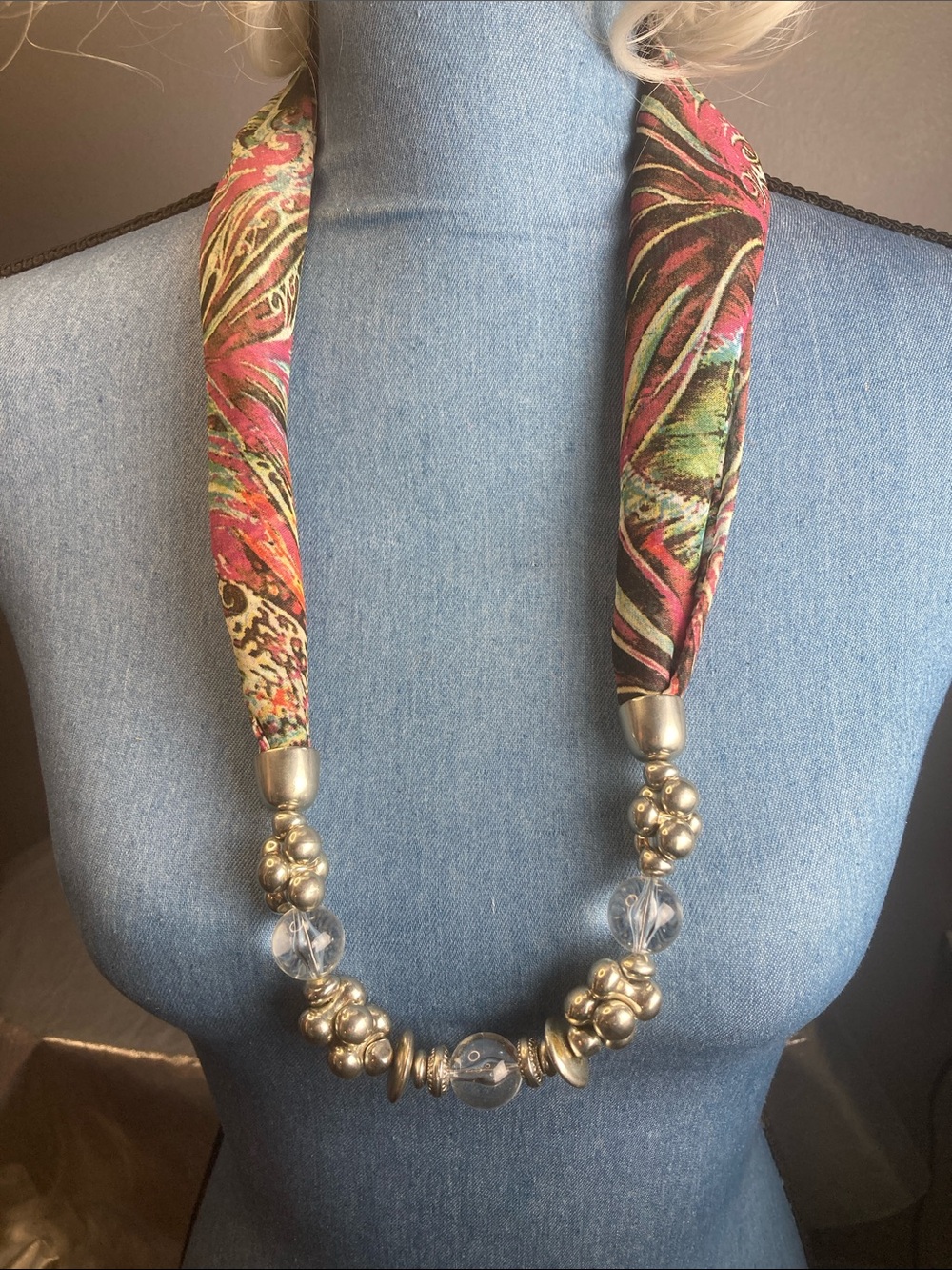 Statement Pink & Green Fabric Necklace with Silver Beads